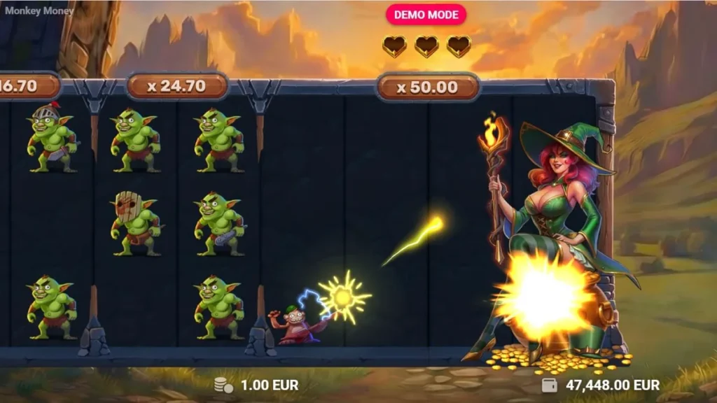 Interface de jogo do slot Monkey Money com o macaco protagonista em uma masmorra