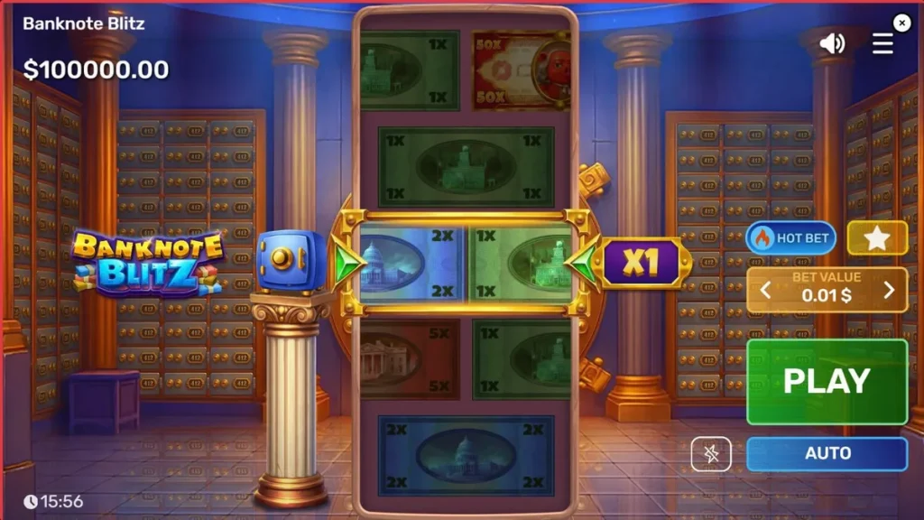 Interface do slot Banknote Blitz com elementos de cofre e notas bancárias