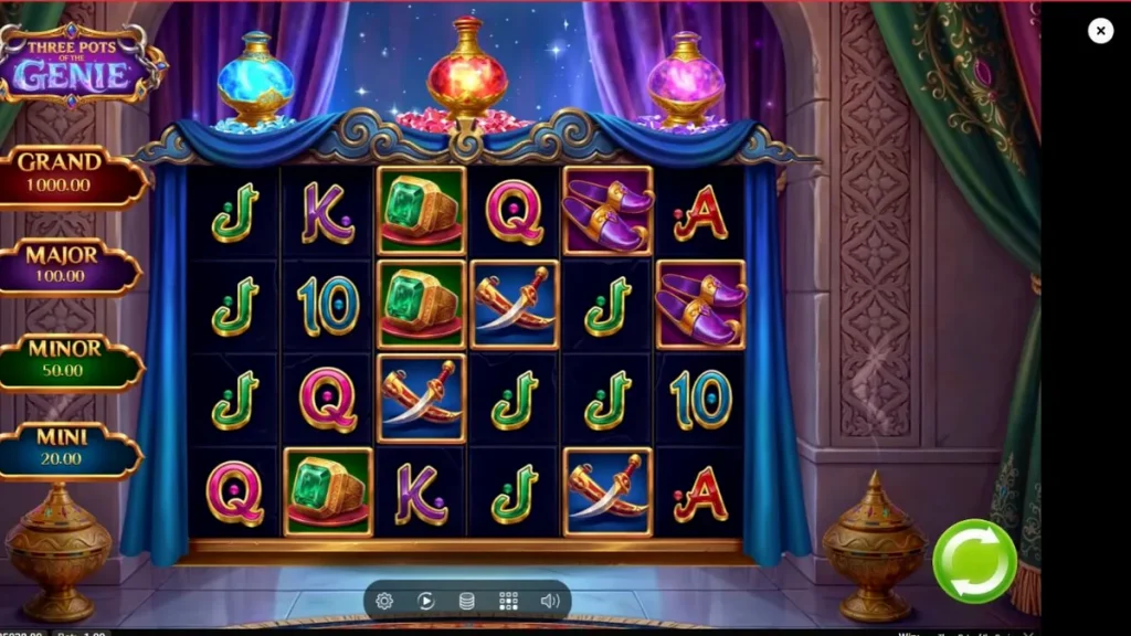 Interface do jogo Three Pots of the Genie com elementos árabes e potes de gemas